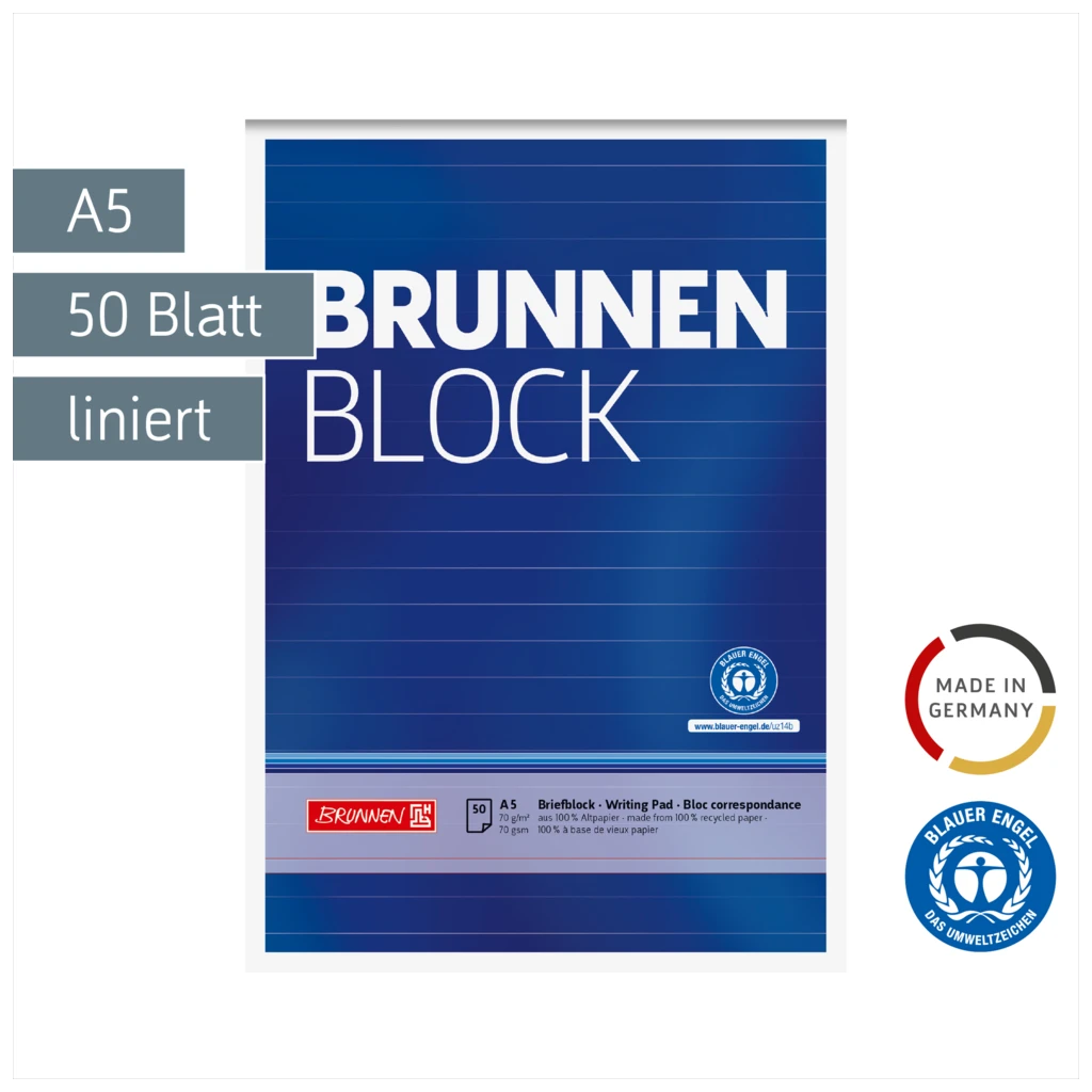 Briefblock „BRUNNEN Block“ Recycling | A5, liniert, 50 Blatt, blau