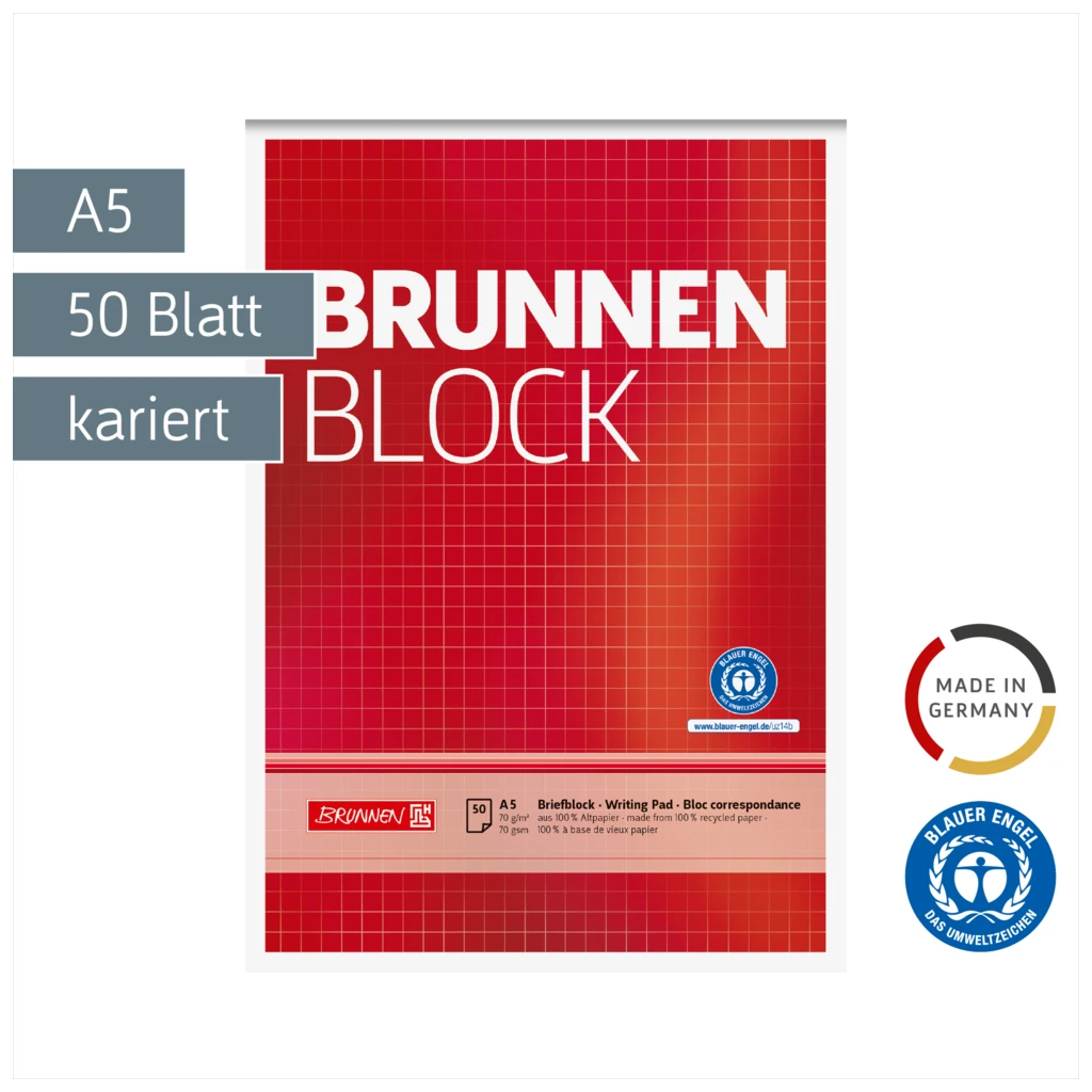 Briefblock „BRUNNEN-Block“ Recycling | A5, Lineatur 5, 50 Blatt, rot