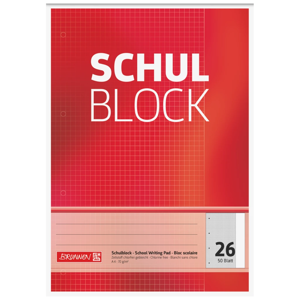 Schulblock gelocht | A4, Lineatur 26, 50 Blatt, rot