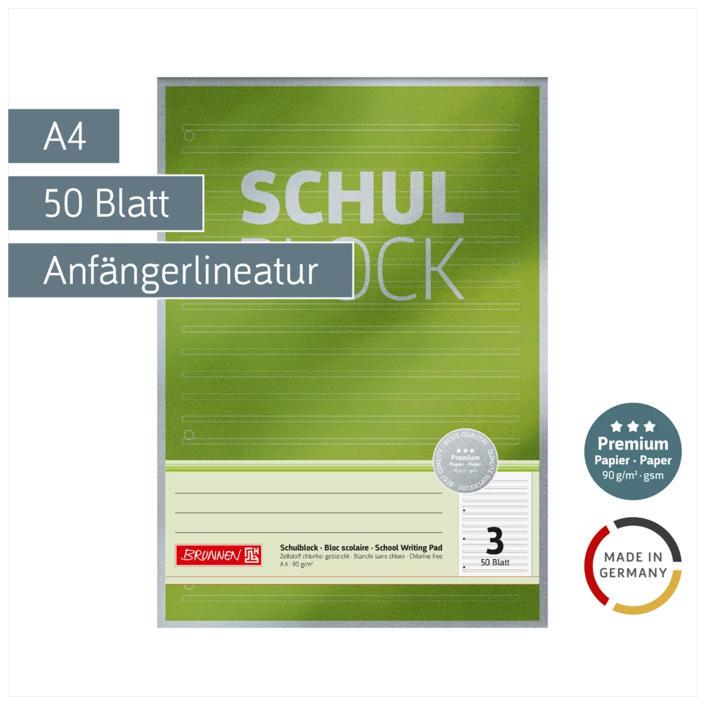 Schulblock Premium | A4, Lineatur 3, 50 Blatt, grün