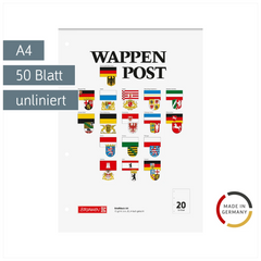 Briefblock „Wappen-Post“ gelocht | A4, Lineatur 20, 50 Blatt, mehrfarbig
