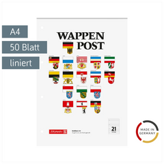 Briefblock „Wappen-Post“ gelocht | A4, Lineatur 21, 50 Blatt, mehrfarbig