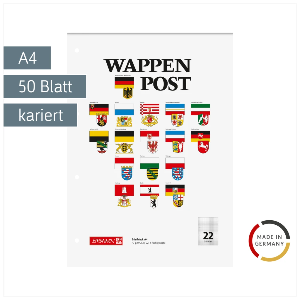 Briefblock „Wappen-Post“ gelocht | A4, Lineatur 22, 50 Blatt, mehrfarbig