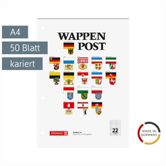 Briefblock „Wappen-Post“ gelocht | A4, Lineatur 22, 50 Blatt, mehrfarbig