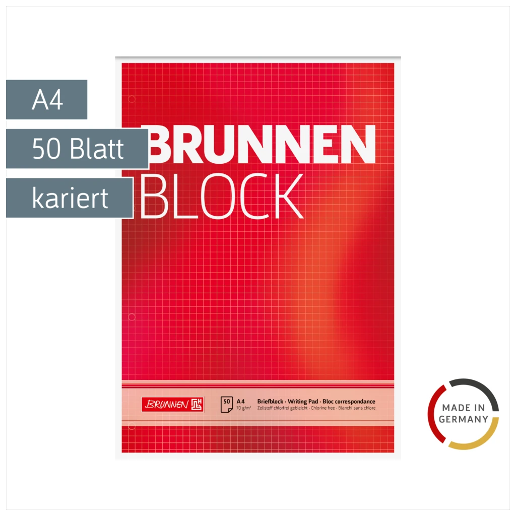 Briefblock „BRUNNEN-Block“ gelocht | A4, Lineatur 22, 50 Blatt, rot