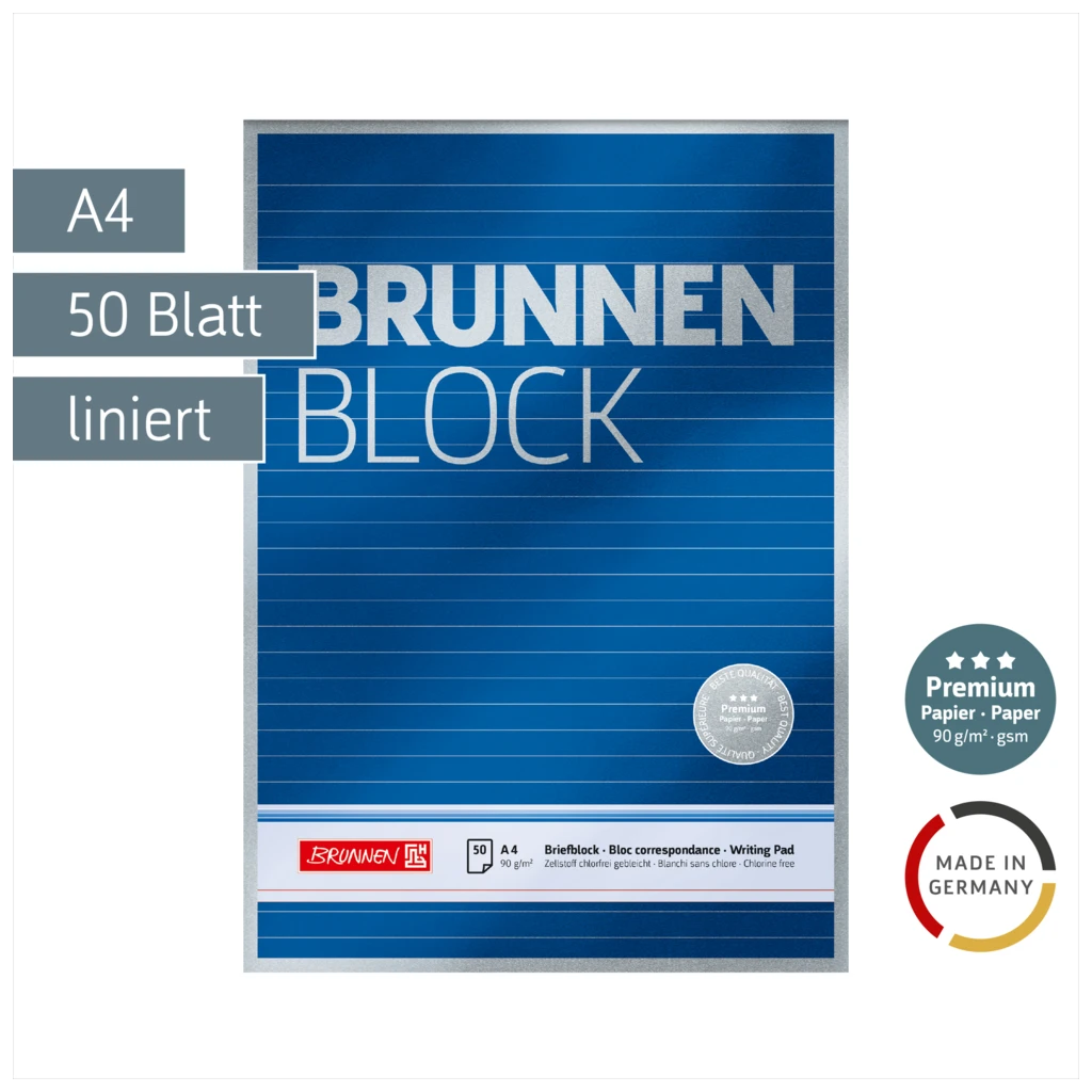 Briefblock Premium „BRUNNEN-Block“ | A4, Lineatur 21, 50 Blatt, blau