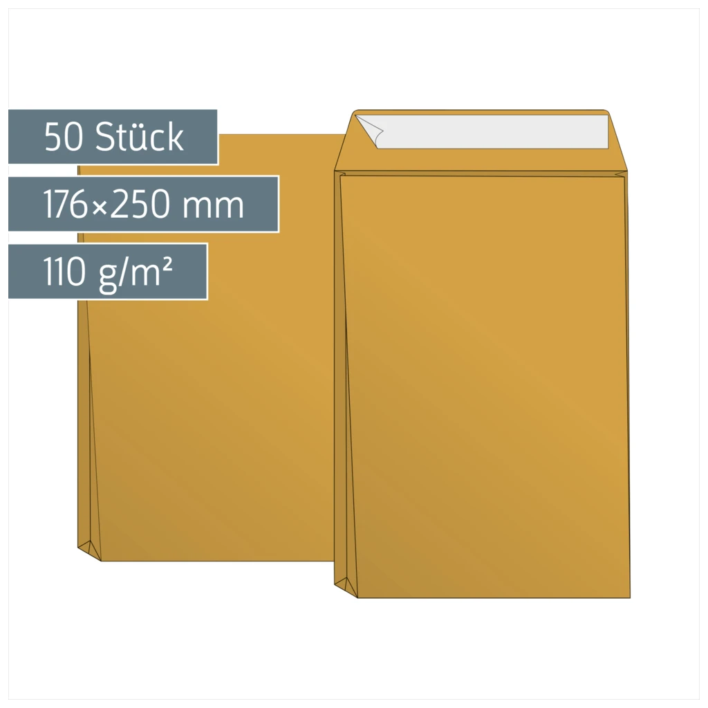 Versandtaschen mit Faltboden | 176×250 mm, B5, 110 g/m², braun, 50 Stück