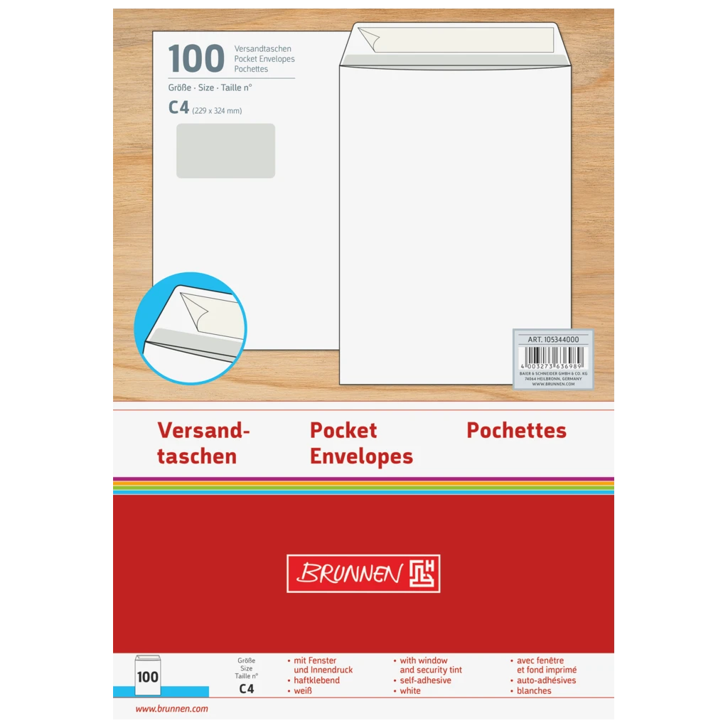 Versandtaschen mit Fenster | 229×324 mm, C4, 120 g/m², weiß, 100 Stück