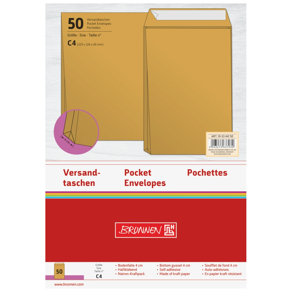 Versandtaschen mit Faltboden | 229×324 mm, C4, 125 g/m², braun, 50 Stück