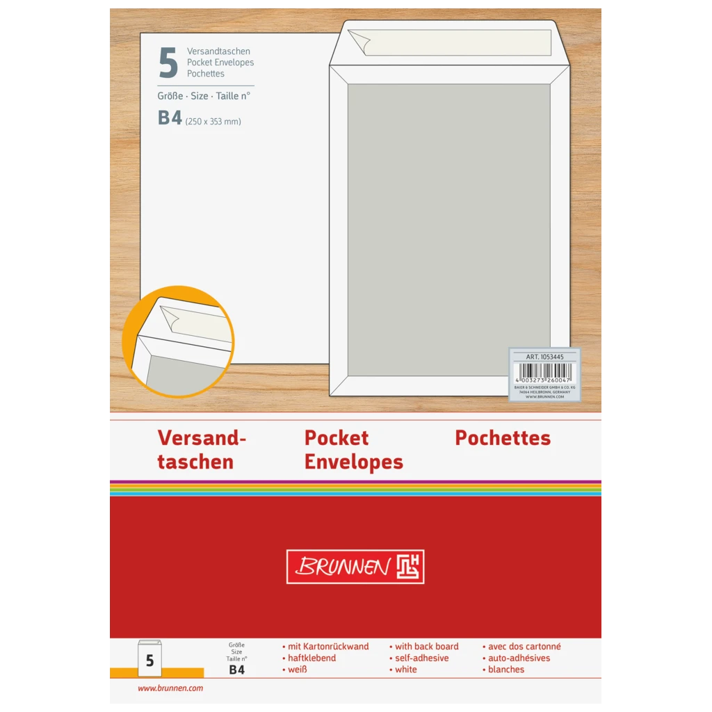 Versandtaschen mit Kartonrückwand | 250×353 mm, B4, 120 g/m², weiß, 5 Stück