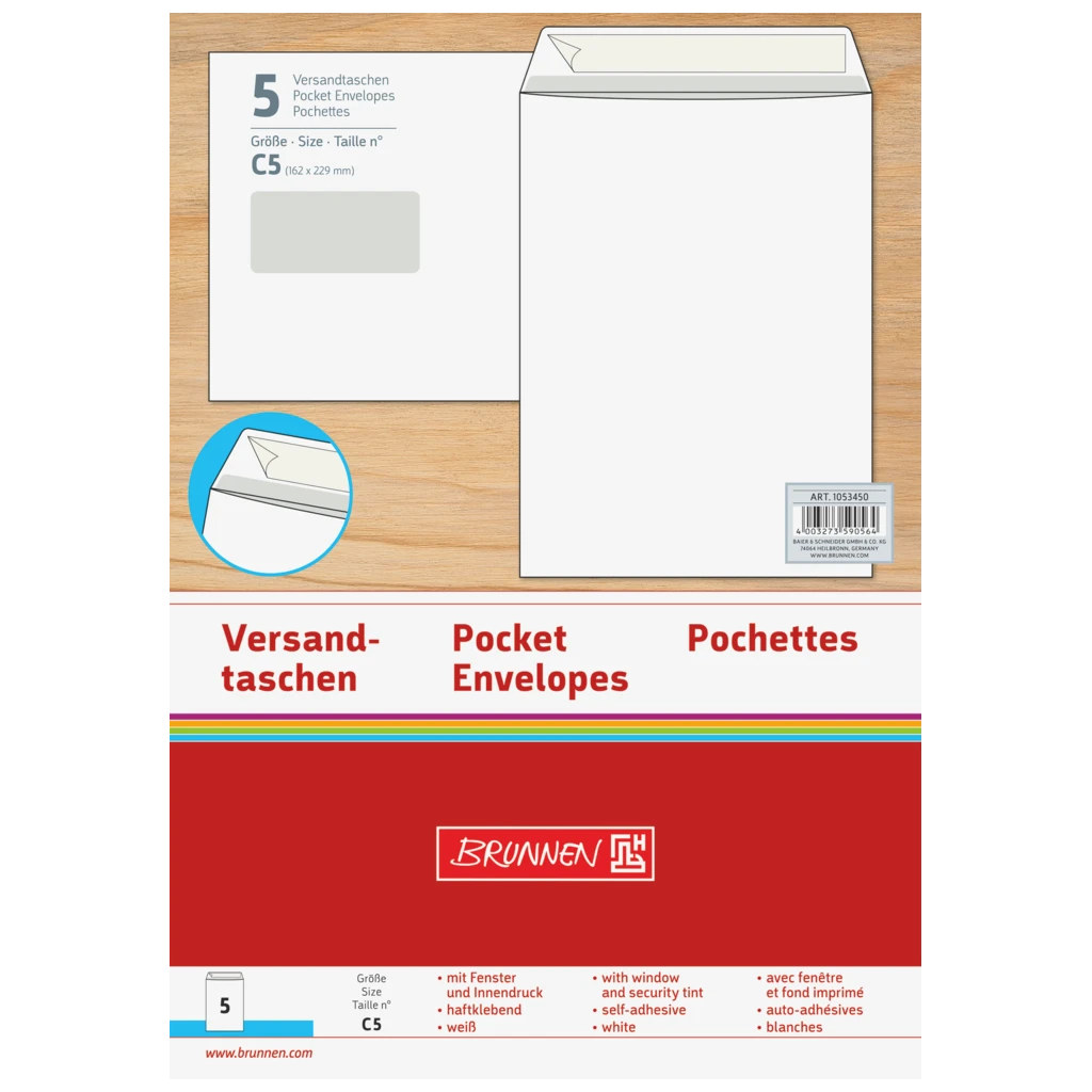 Versandtaschen mit Fenster | 162×229 mm, C5, 90 g/m², weiß, 5 Stück