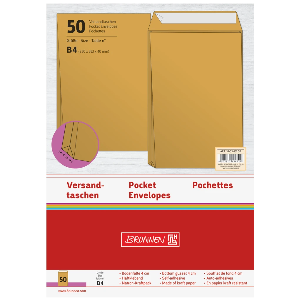 Versandtaschen mit Faltboden | 250×353 mm, B4, 130 g/m², braun, 50 Stück