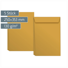 Versandtaschen mit Faltboden | 250×353 mm, B4, 130 g/m², braun, 5 Stück