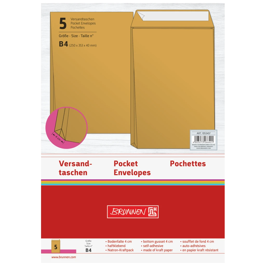 Versandtaschen mit Faltboden | 250×353 mm, B4, 130 g/m², braun, 5 Stück