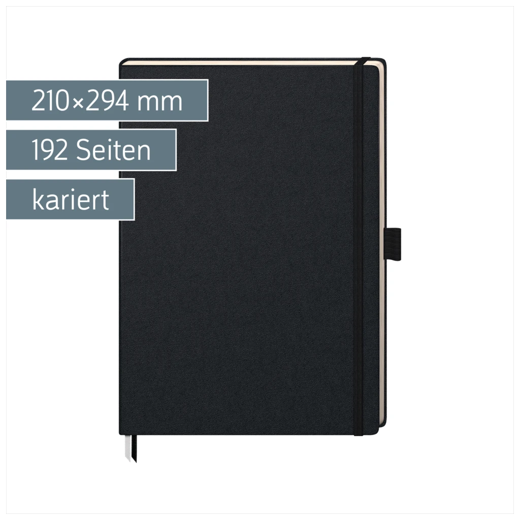 Notizbuch Kompagnon Klassik | A4, kariert, Gummizugverschluss, schwarz