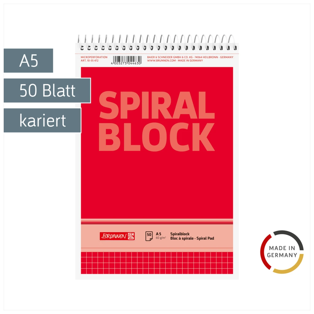 Spiralnotizblock | A5, kariert, 50 Blatt, rot
