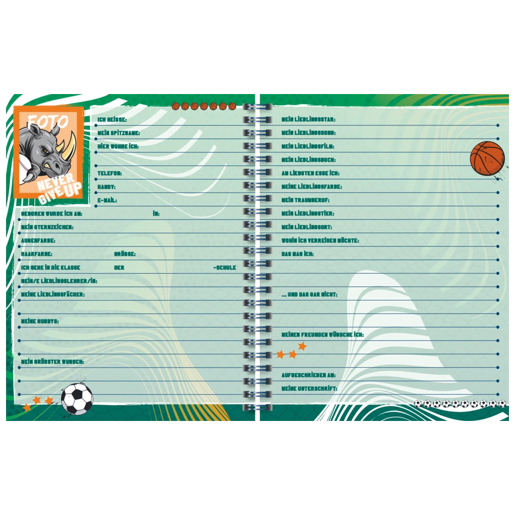 Freundebuch Sporty Animals | 16×21 cm, 80 Seiten, grün/mehrfarbig