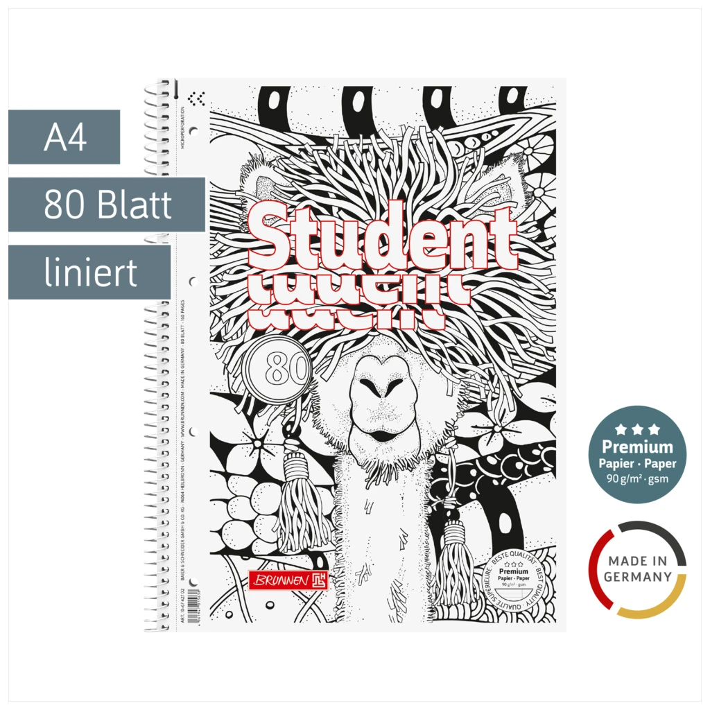 Collegeblock Premium Student „Lama“ ZENart | A4, Lineatur 27, 80 Blatt, weiß