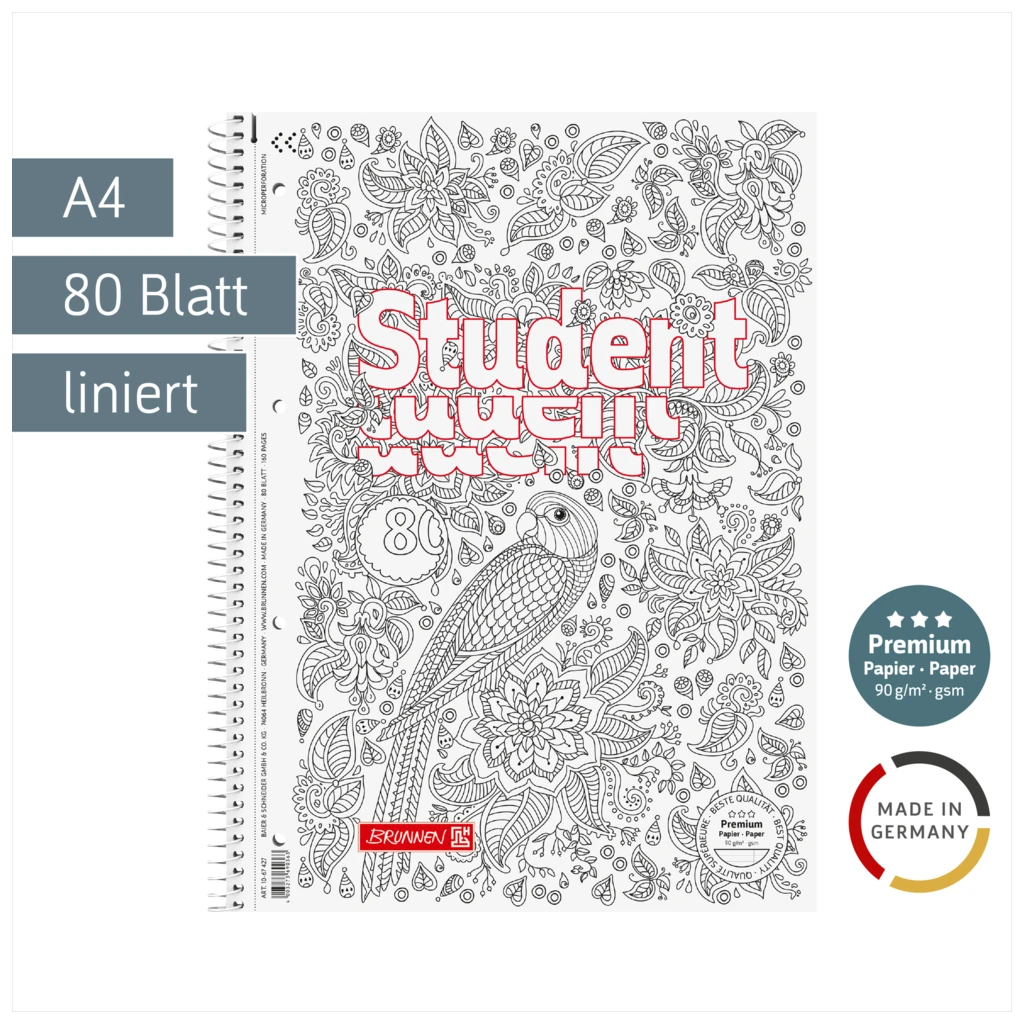 Collegeblock Premium Student „Papagei“ ZENart | A4, Lineatur 27, 80 Blatt, weiß