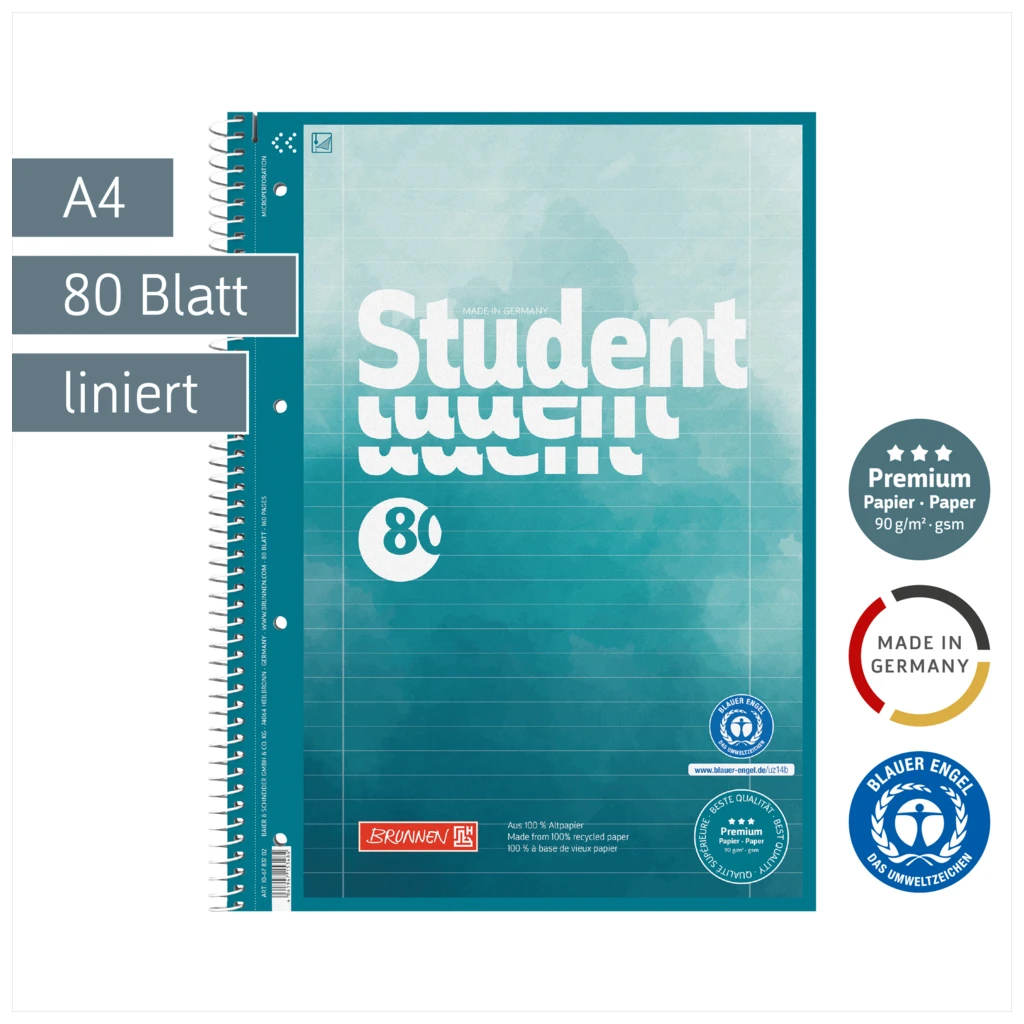 Collegeblock Student Recycling | A4, Lineatur 27, 80 Blatt, blau/mehrfarbig