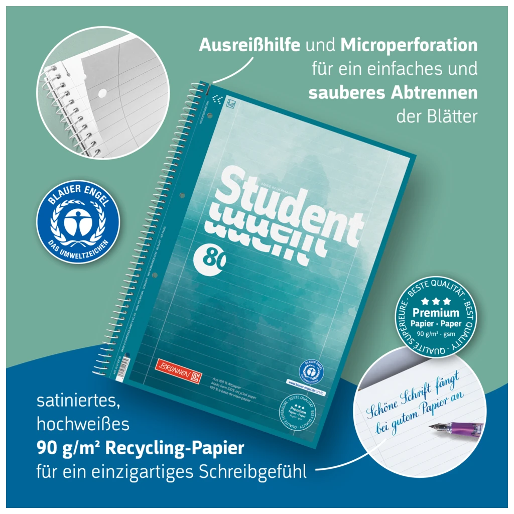 Collegeblock Student Recycling | A4, Lineatur 27, 80 Blatt, blau/mehrfarbig
