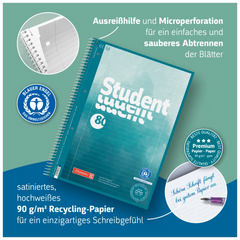 Collegeblock Student Recycling | A4, Lineatur 27, 80 Blatt, blau/mehrfarbig