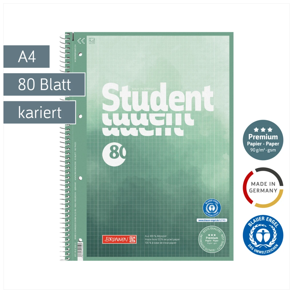 Collegeblock Student Recycling | A4, Lineatur 28, 80 Blatt, grün/mehrfarbig