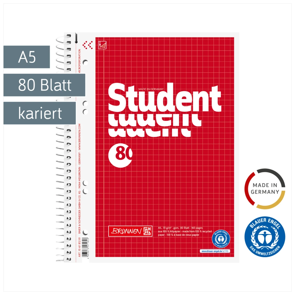 Collegeblock Student Recycling | A5, Lineatur 5, 80 Blatt, rot