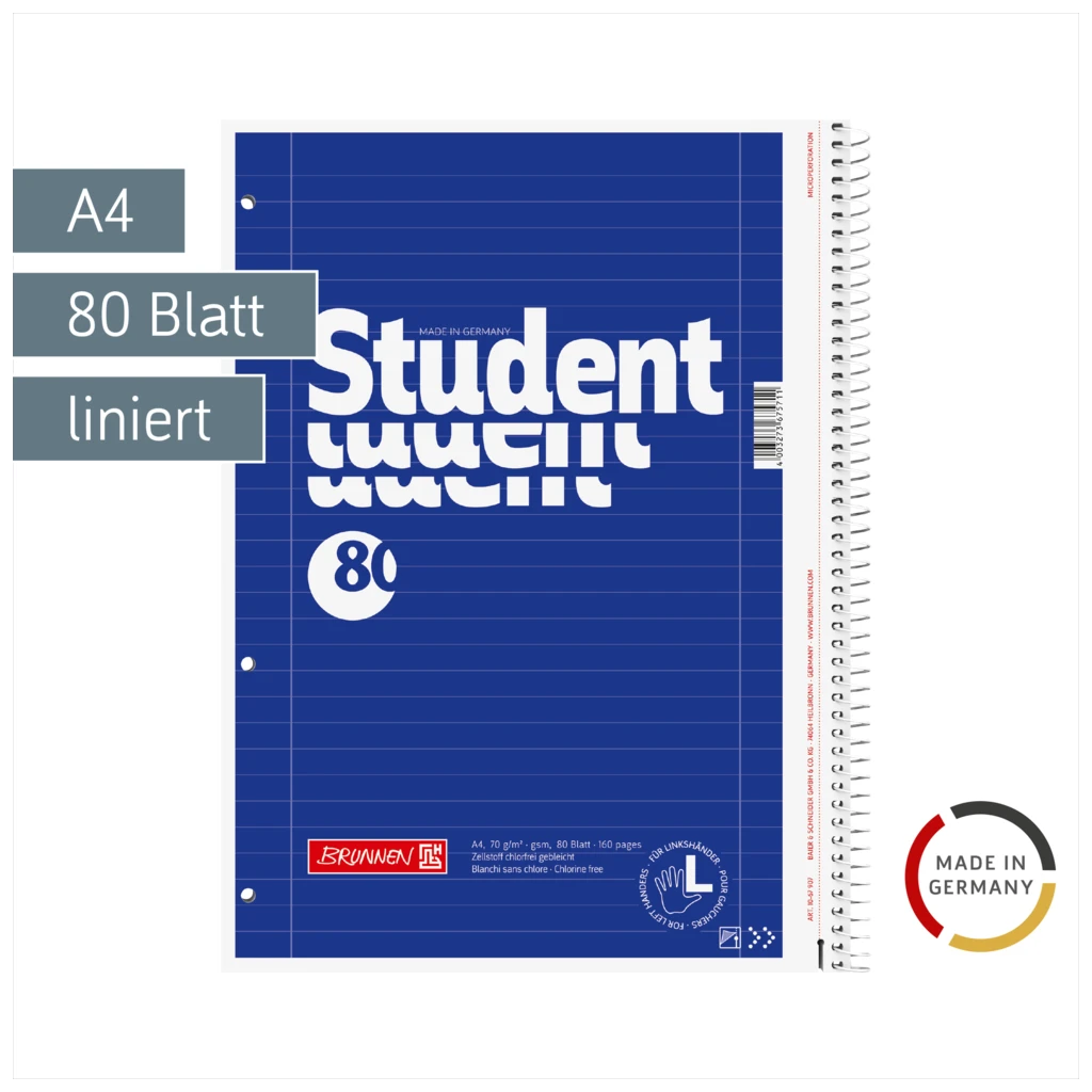 Collegeblock Student Linkshänder | A4, Lineatur 27, 80 Blatt, blau