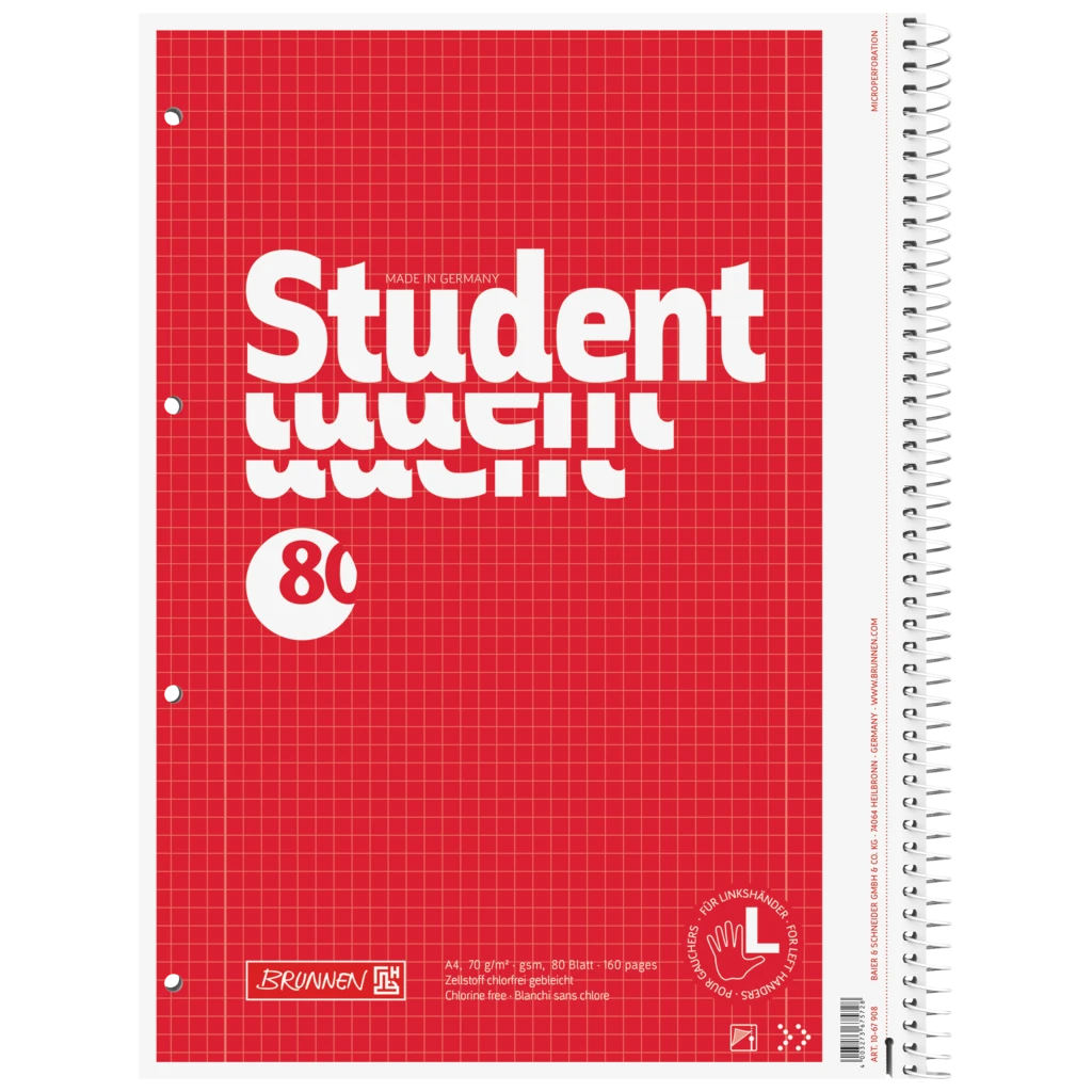 Collegeblock Student Linkshänder | A4, Lineatur 28, 80 Blatt, rot