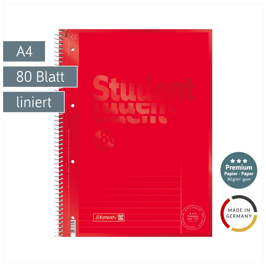Collegeblock Premium Student Colour Code | A4, Lineatur 25, 80 Blatt, red