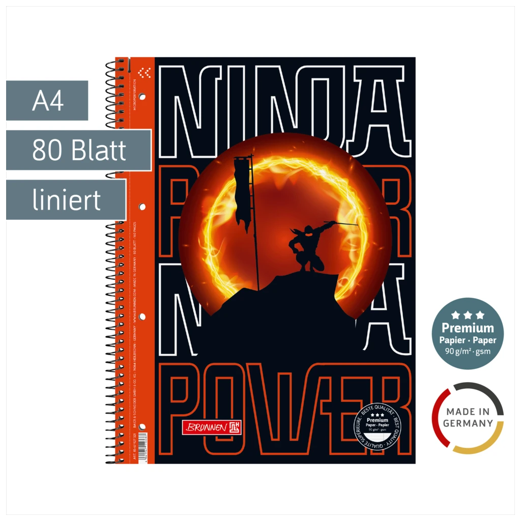 Collegeblock Premium Ninja Power | A4, Lineatur 27, 80 Blatt, orange/schwarz