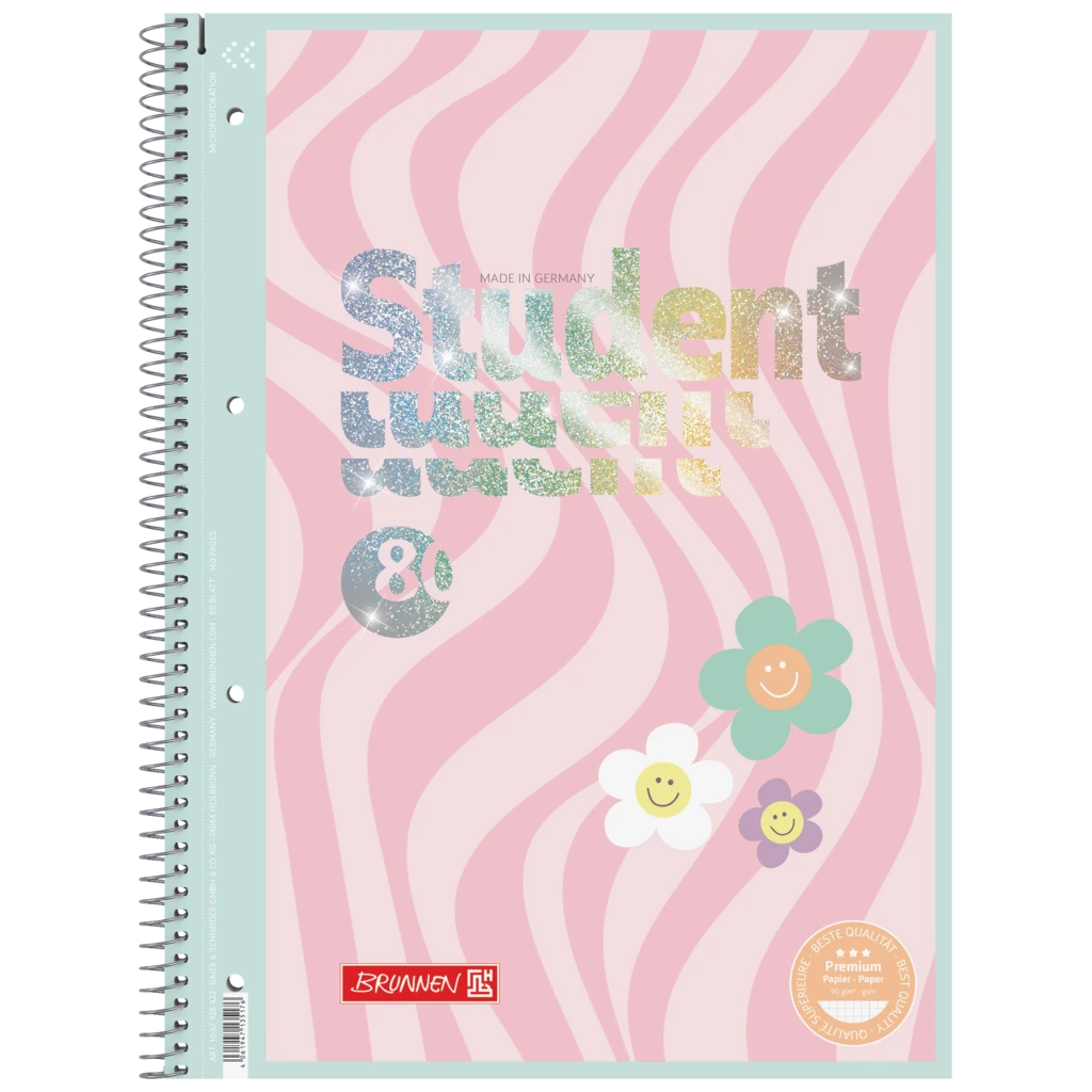 Collegeblock Premium Student Happy Hippie | A4, Lineatur 28, 80 Blatt, rosa/mint