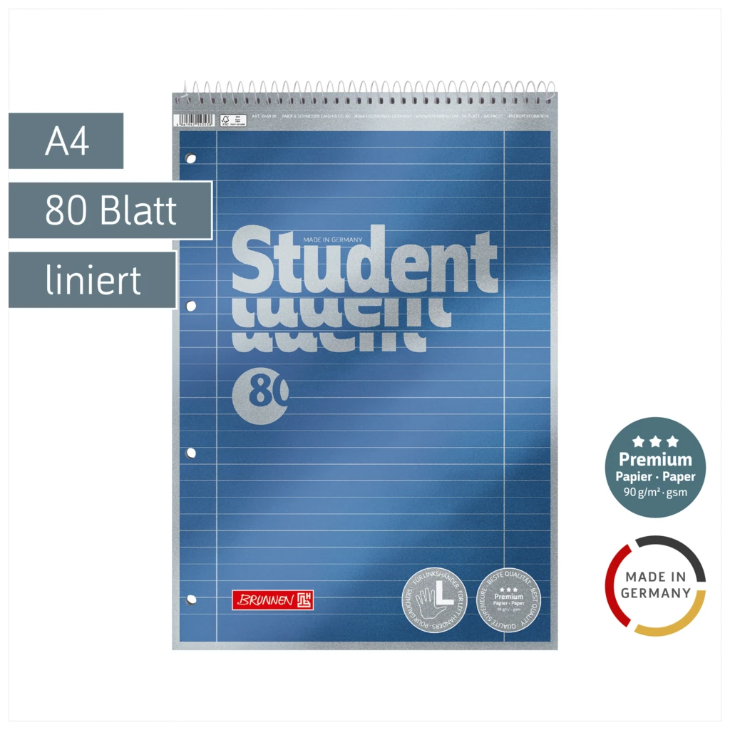 Collegeblock Premium Student Spirale oben | A4, Lineatur 27, 80 Blatt, blau