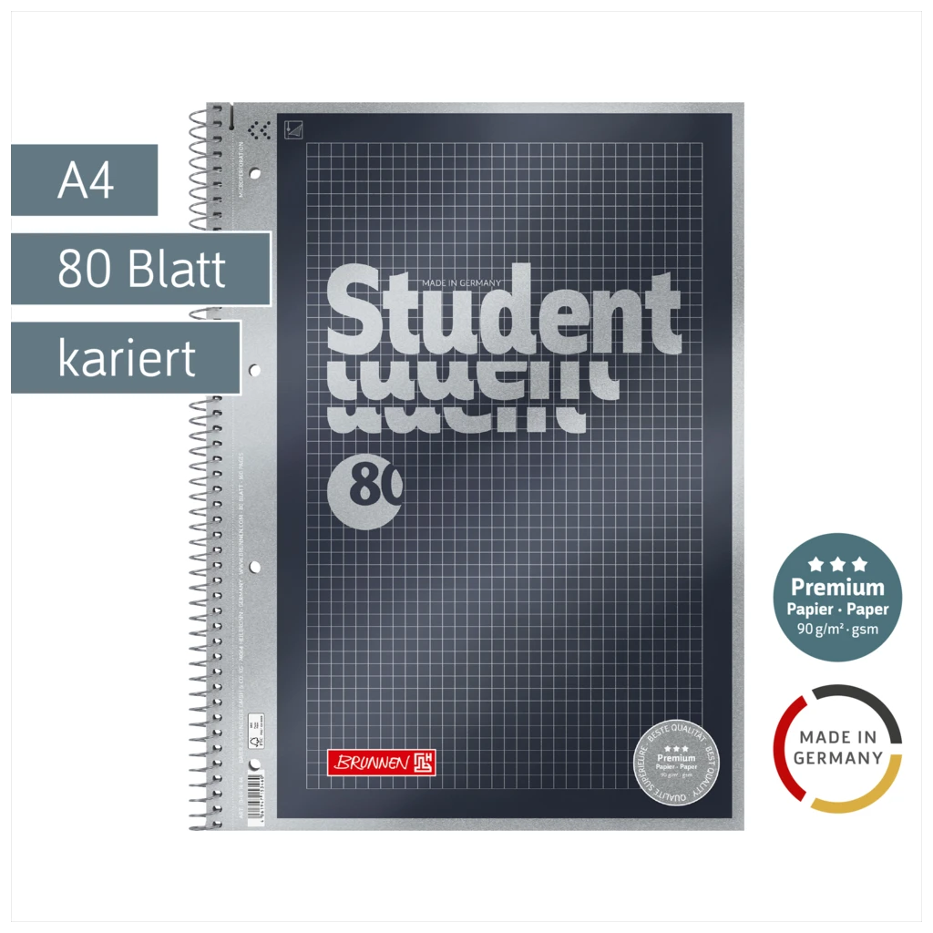 Collegeblock Premium Student | A4, kariert, 80 Blatt, anthrazit