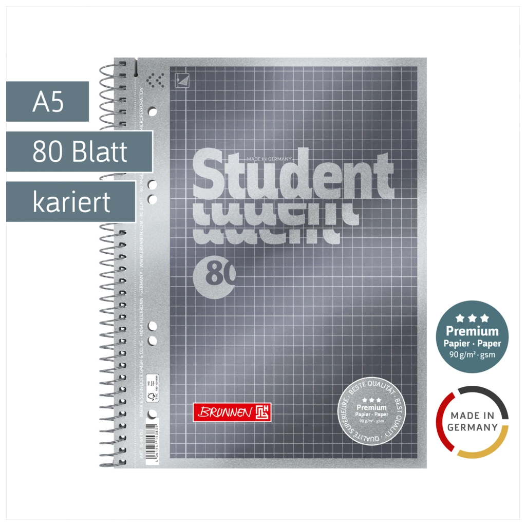 Collegeblock Premium Student | A5, Lineatur 5, 80 Blatt, anthrazit