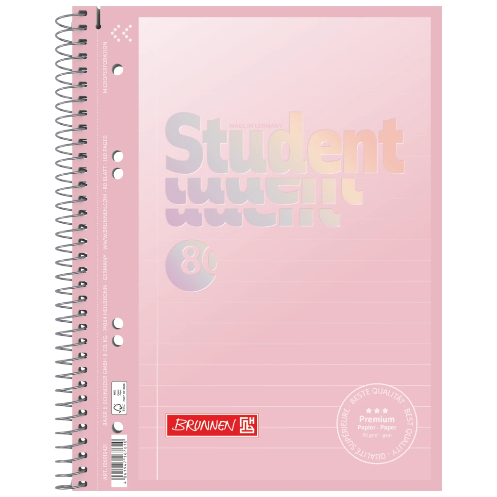 Collegeblock Premium Student „Pastell“ | A5, Lineatur 4, 80 Blatt, pastellrosa