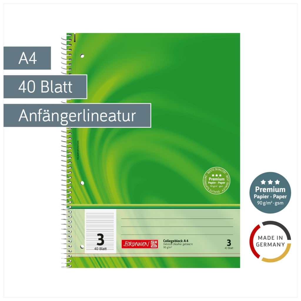 Collegeblock Premium | A4, Lineatur 3, 40 Blatt, grün