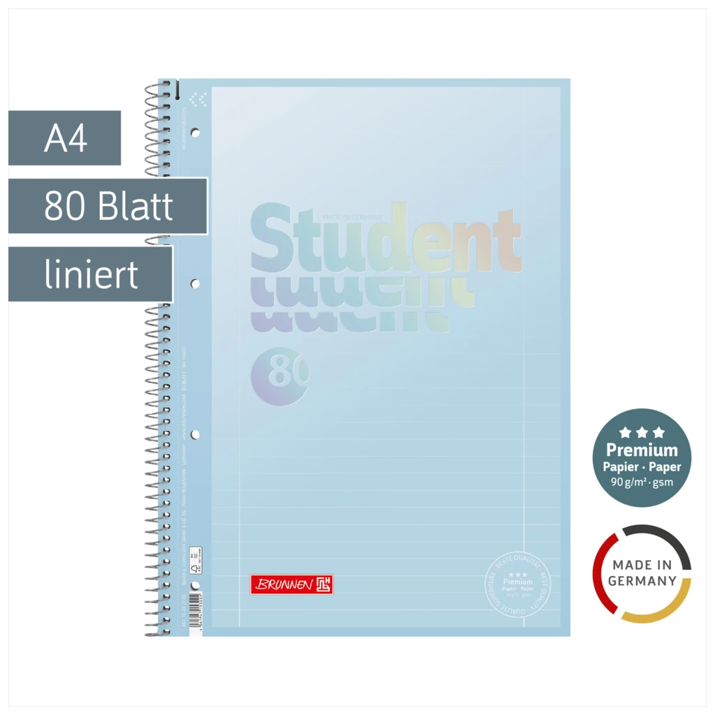 Collegeblock Premium Student „Pastell“ | A4, Lineatur 27, 80 Blatt, pastellblau