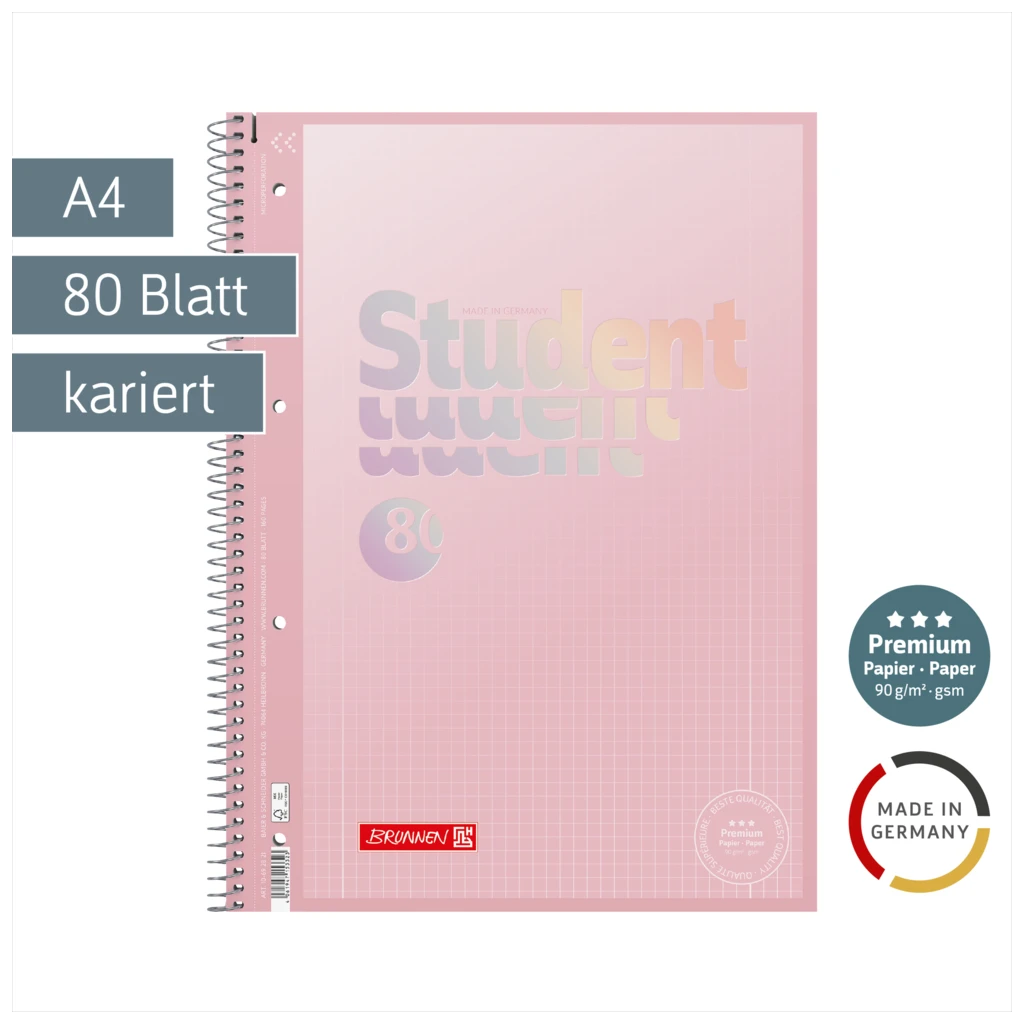 Collegeblock Premium Student „Pastell“ | A4, Lineatur 28, 80 Blatt, pastellrosa