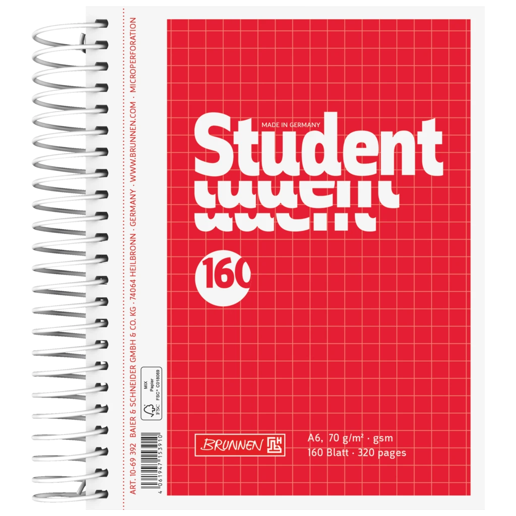 Collegeblock Student | A6, kariert, 160 Blatt, rot