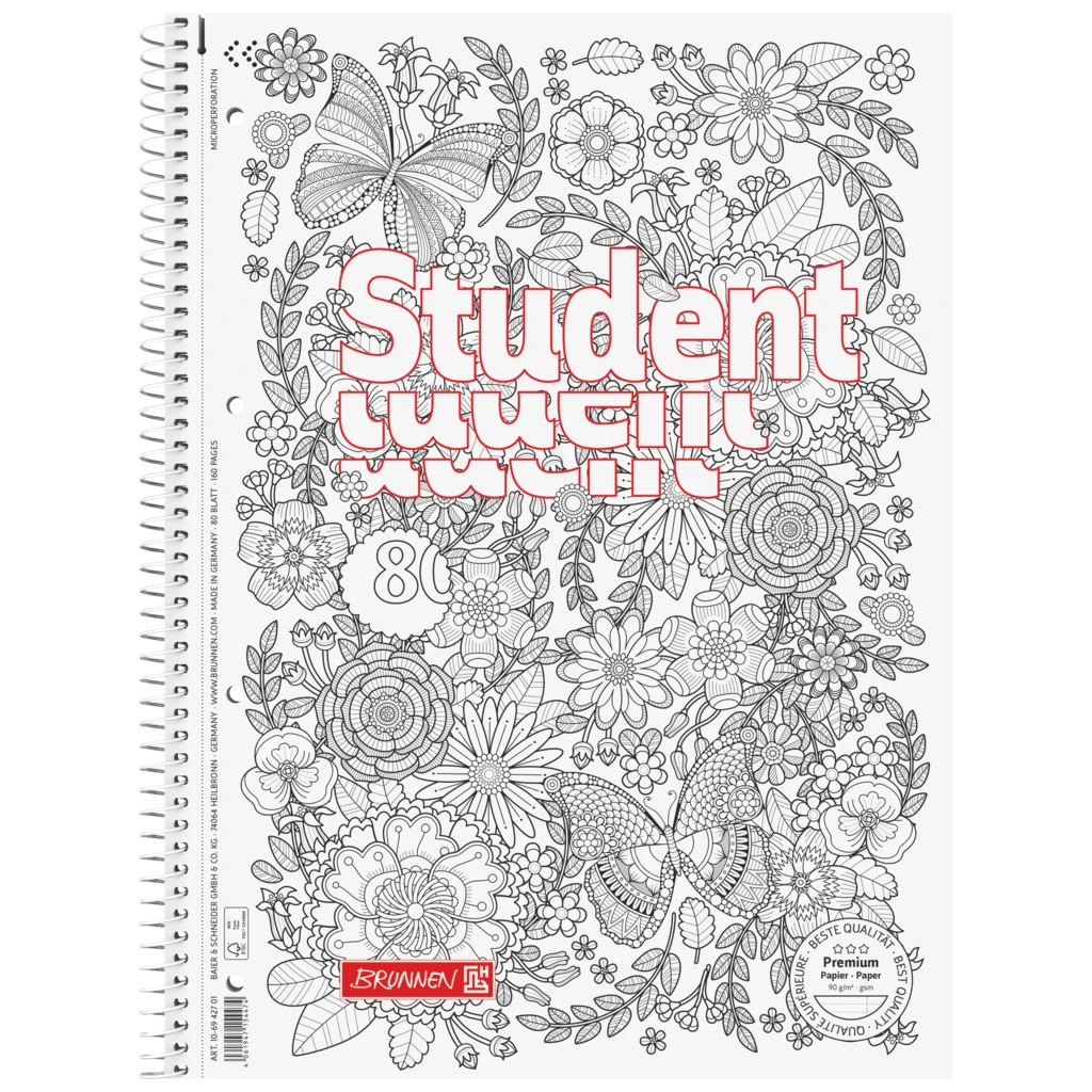 Collegeblock Premium Student „Schmetterling“ ZENart | A4, Lineatur 27, 80 Blatt, weiß