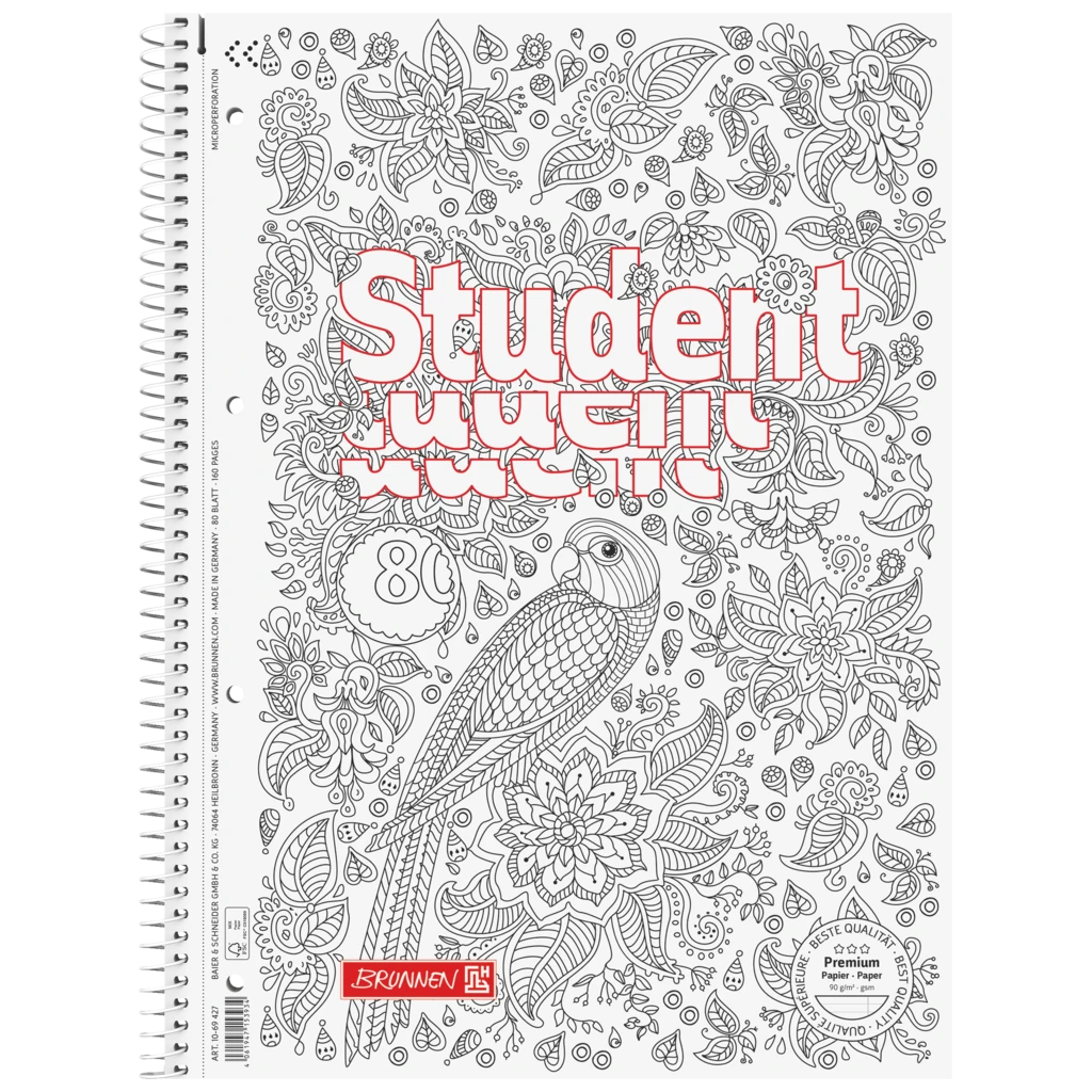 Collegeblock Premium Student „Papagei“ ZENart | A4, Lineatur 27, 80 Blatt, weiß