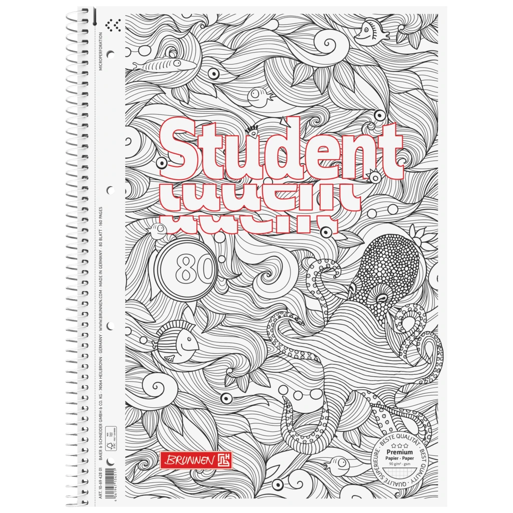 Collegeblock Premium Student „Krake“ ZENart | A4, Lineatur 28, 80 Blatt, weiß