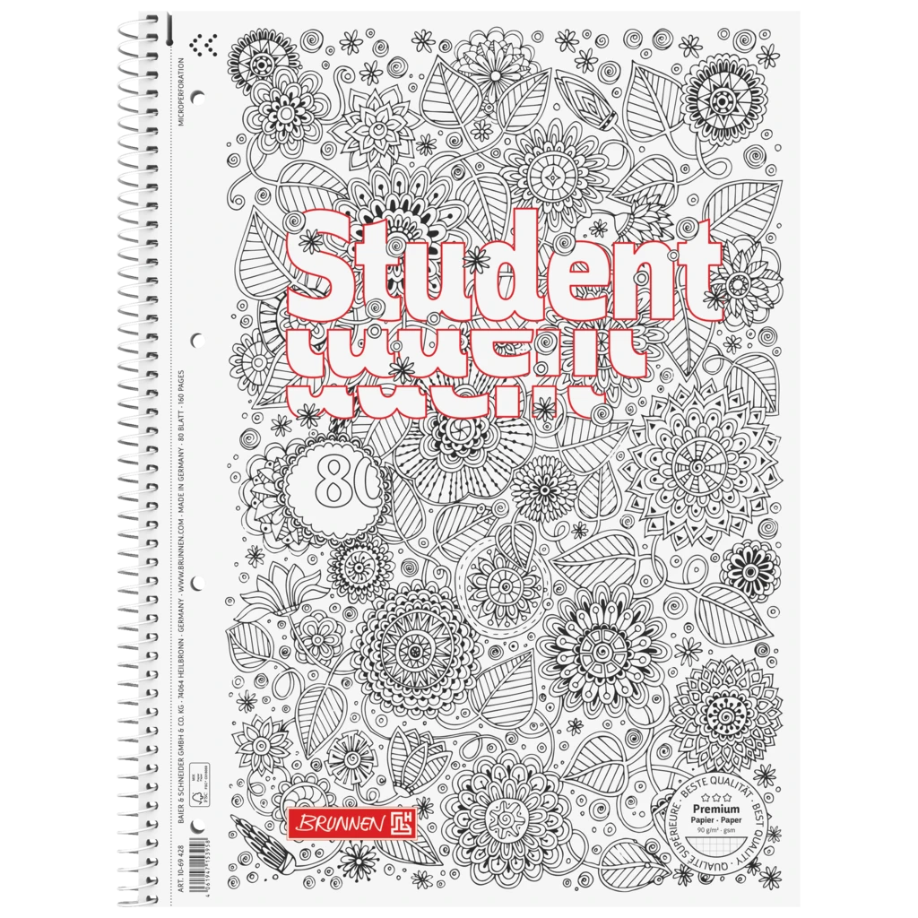 Collegeblock Premium Student „Floral“ ZENart | A4, Lineatur 28, 80 Blatt, weiß