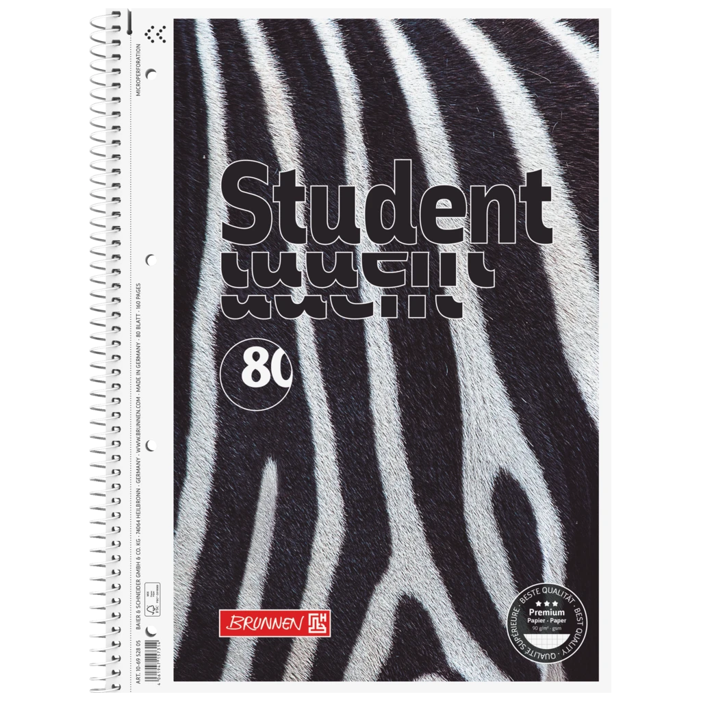 Collegeblock Premium Student „Zebra“ | A4, Lineatur 28, 80 Blatt, weiß/schwarz