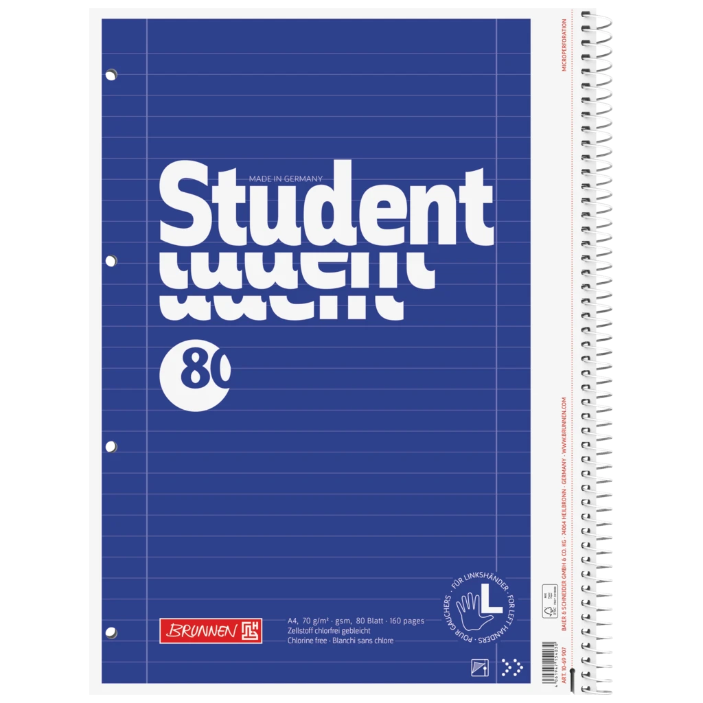 Collegeblock Student Linkshänder | A4, Lineatur 27, 80 Blatt, blau
