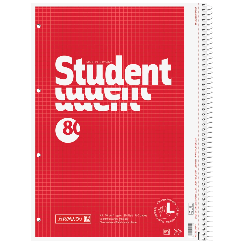 Collegeblock Student Linkshänder | A4, Lineatur 28, 80 Blatt, rot