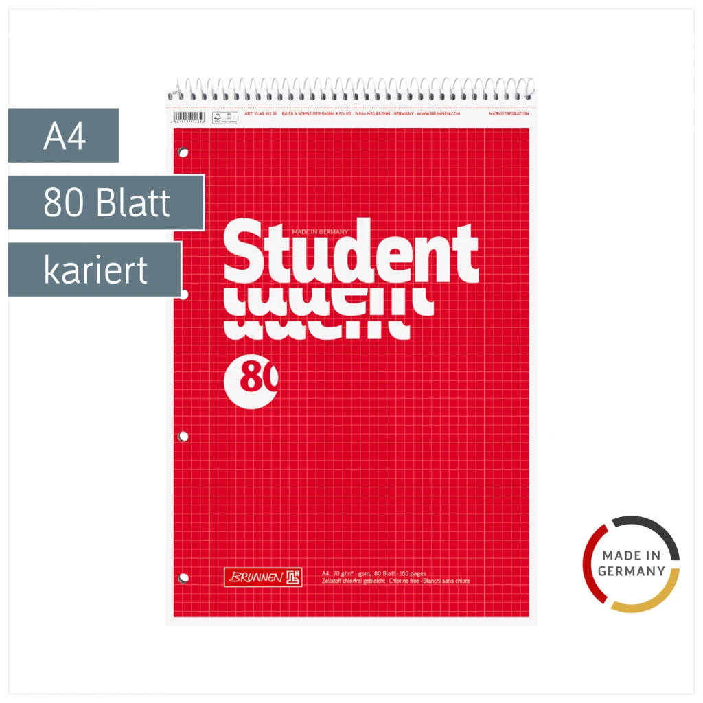 Collegeblock Student Spirale oben | A4, Lineatur 28, 80 Blatt, rot