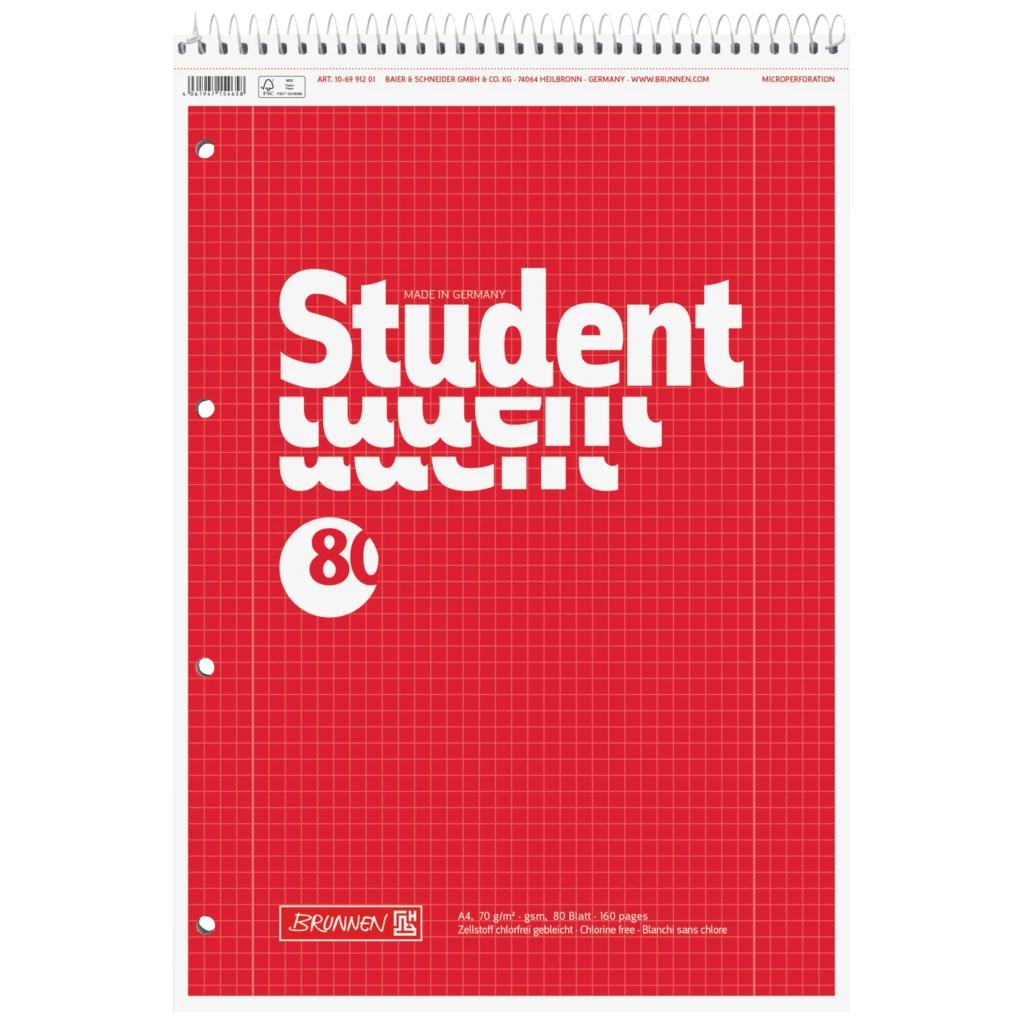 Collegeblock Student Spirale oben | A4, Lineatur 28, 80 Blatt, rot